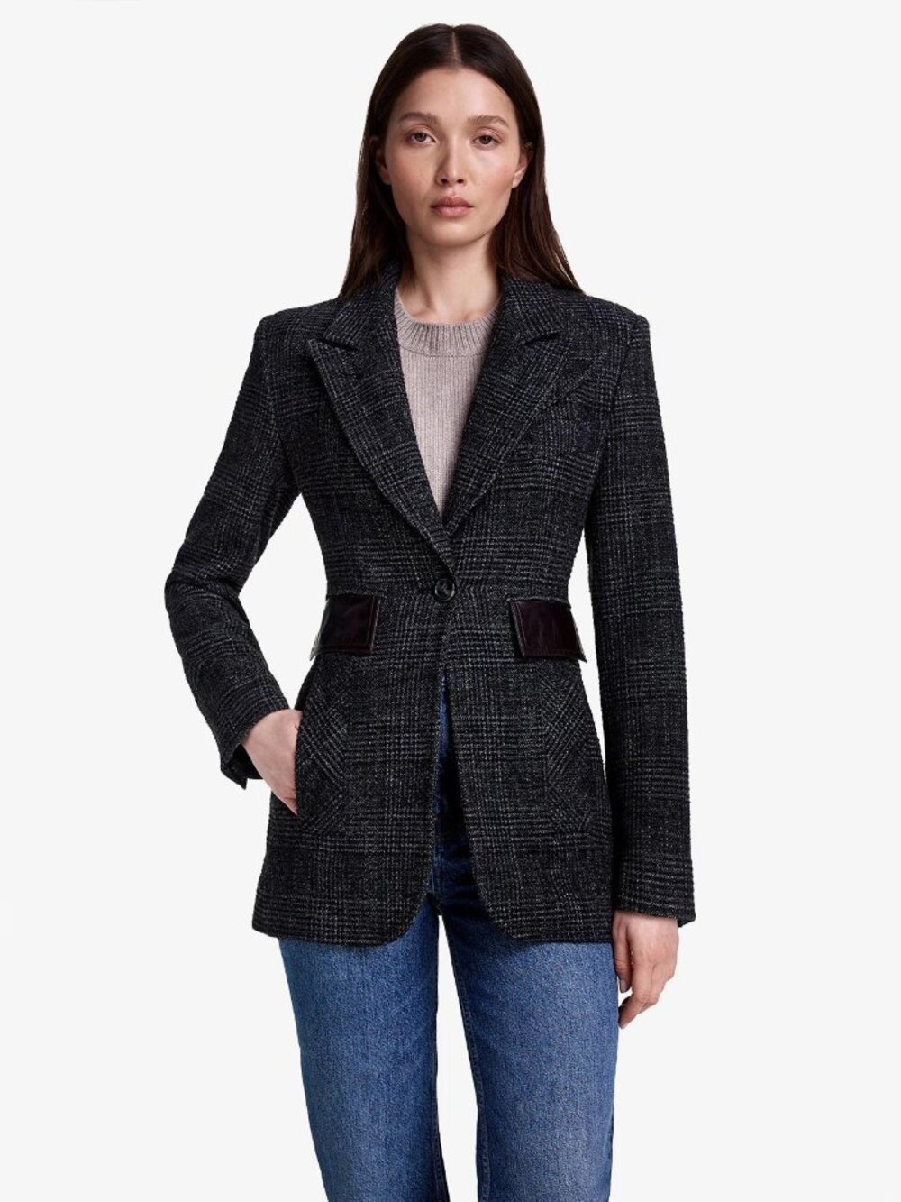 Smythe Tailored Boyfriend Blazer in Charcoal Grey Check, size 6